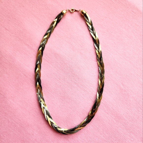 Vintage Braided Mixed Metal Tone Herringbone Necklace - Picture 1 of 7
